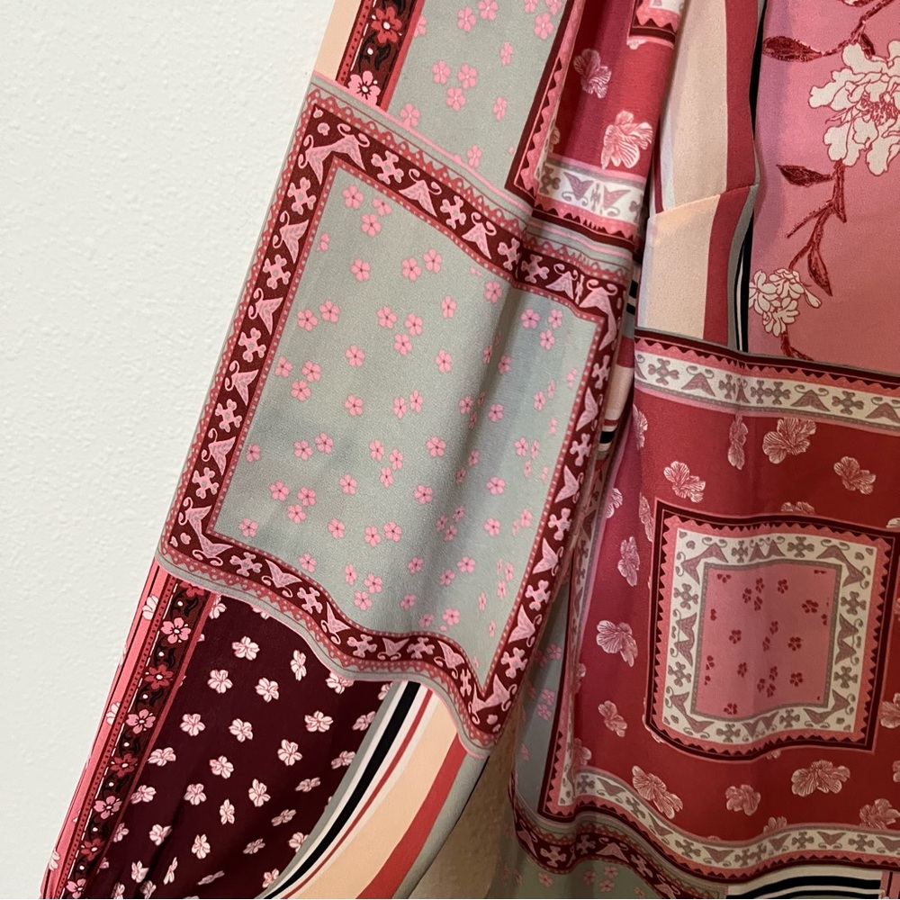 Talbots Red Pink Gray Tie Neck Patchwork Blouse T… - image 2